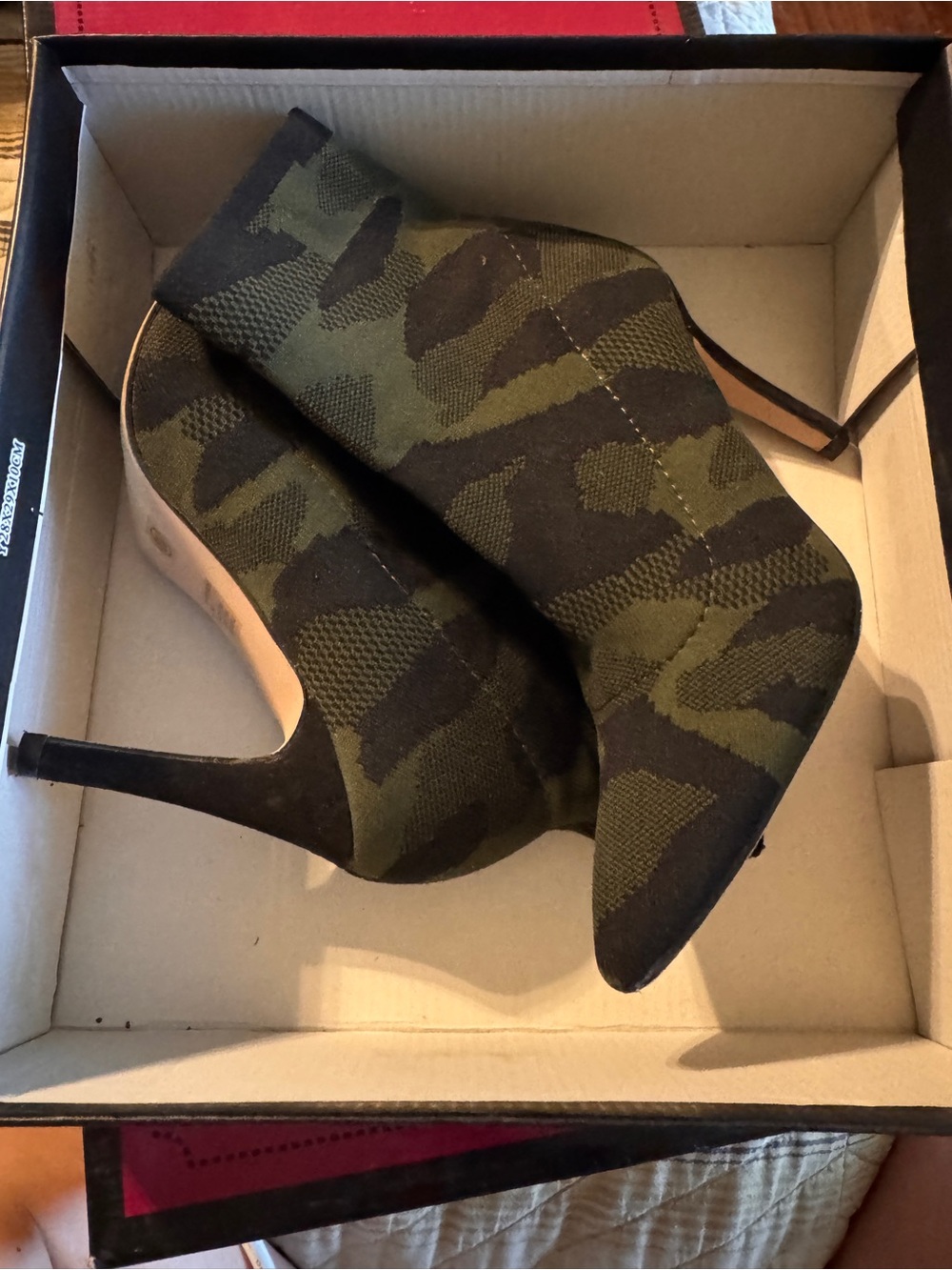 MIA Olive Green and Black Camo Pointed Stiletto Ankle Boots